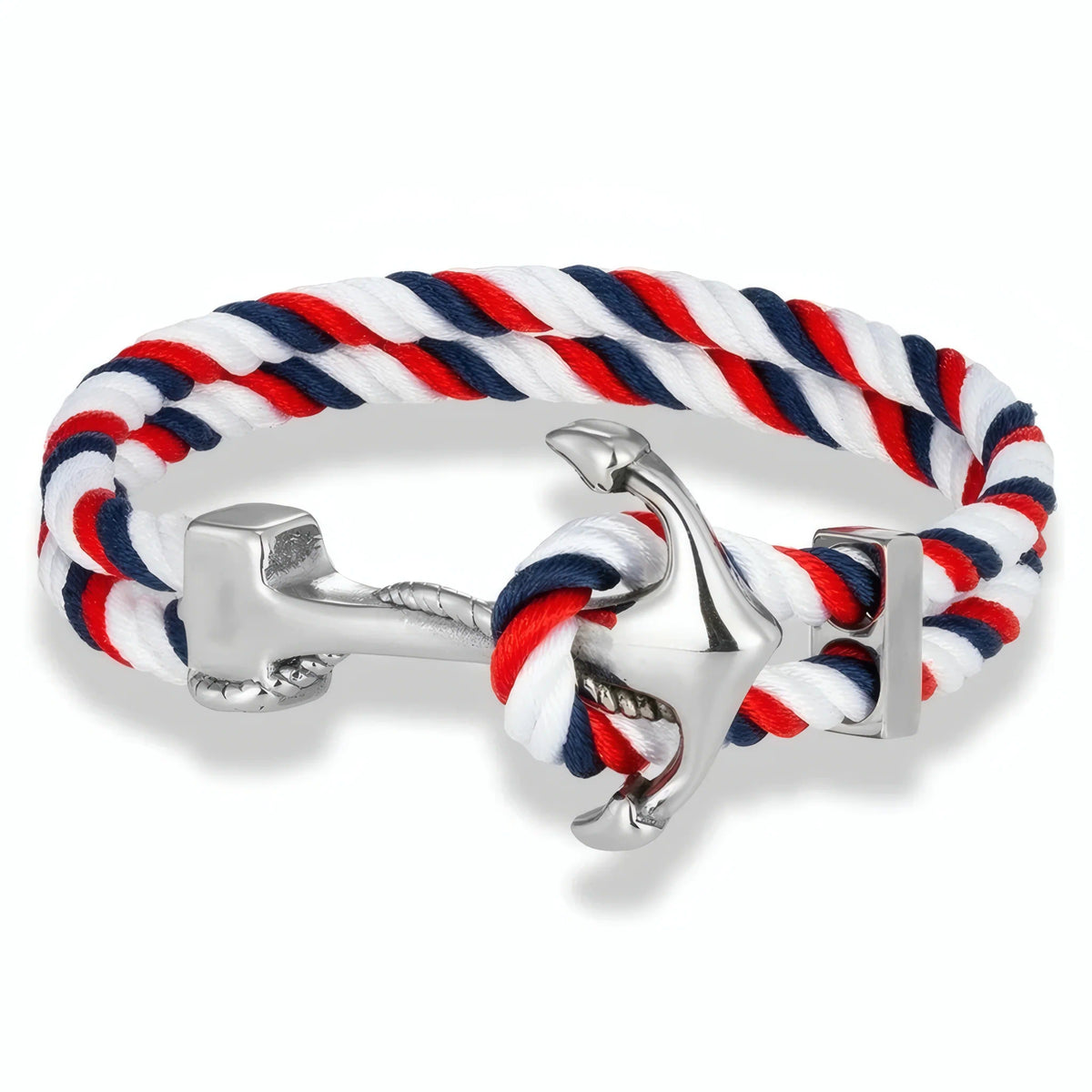 Bracelet cordon tricolore Avel associant le design marin au fermoir ancre argenté.
