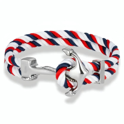 Bracelet cordon tricolore Avel associant le design marin au fermoir ancre argenté.