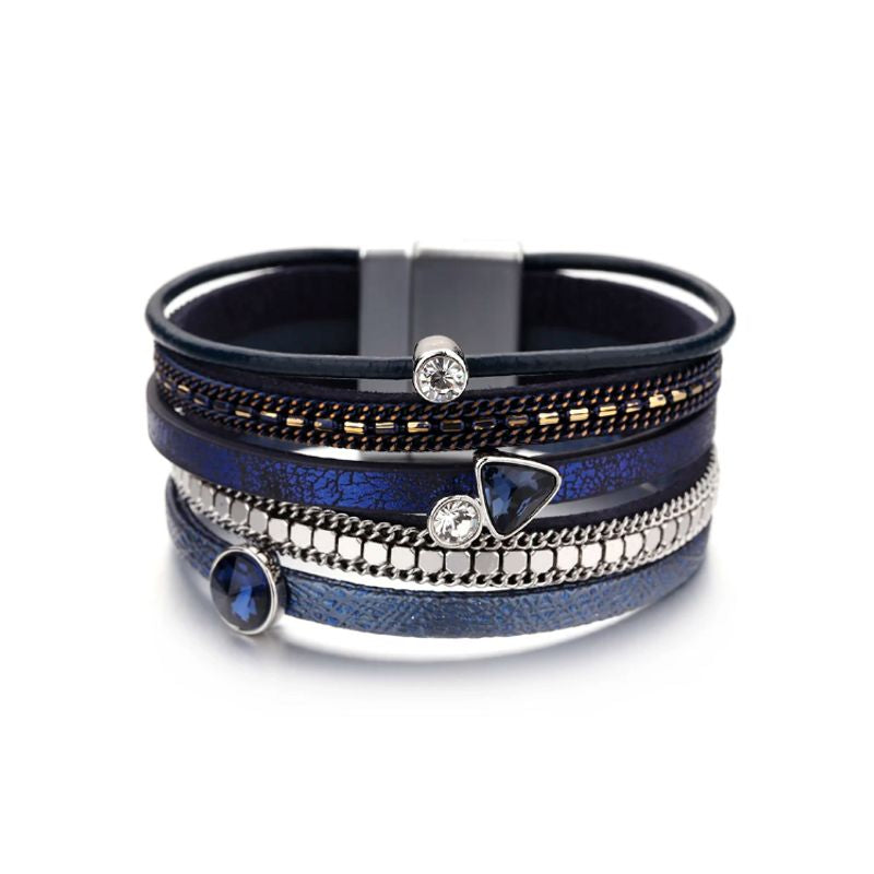 Bracelet bohème cristal strass, wrap en cuir pour femme avec fermoir magnétique - coloris bleu marine