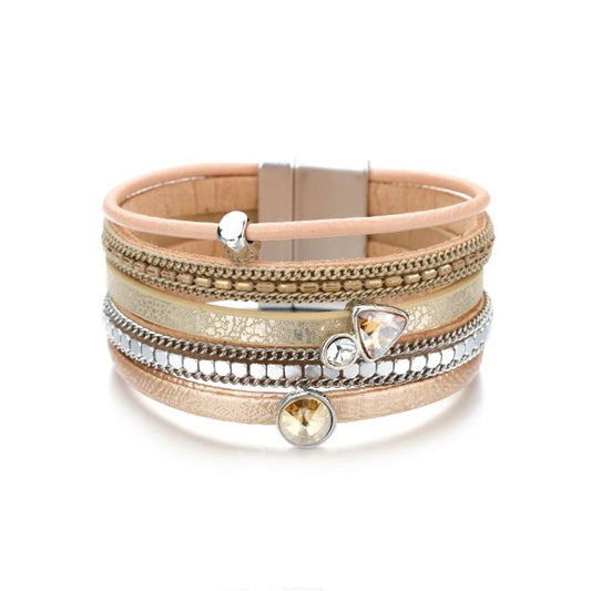 Bracelet bohème cristal strass, wrap en cuir pour femme avec fermoir magnétique - coloris champagne