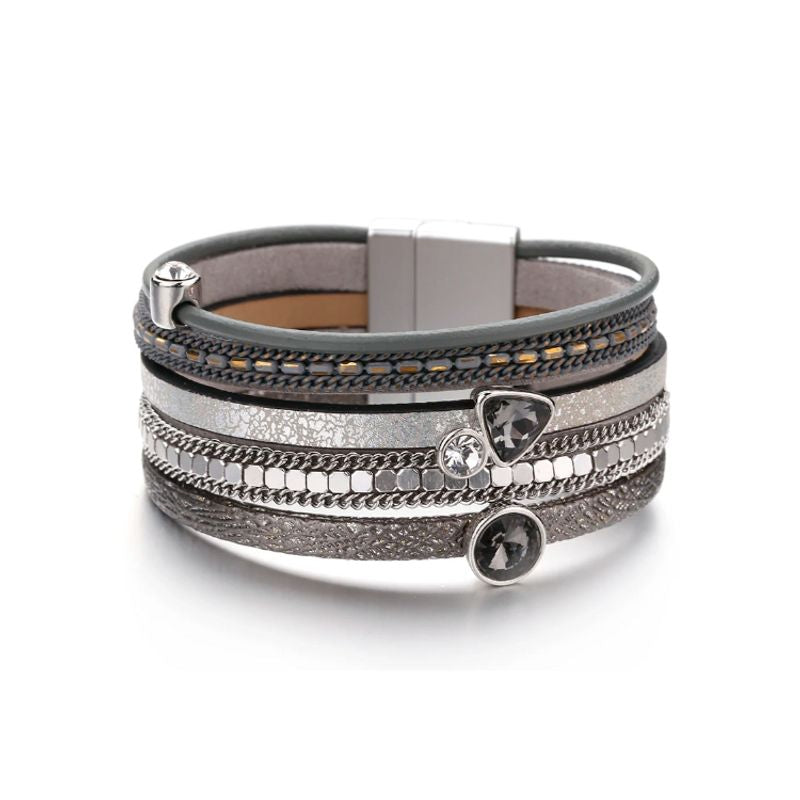 Bracelet bohème cristal strass, wrap en cuir pour femme avec fermoir magnétique - coloris gris