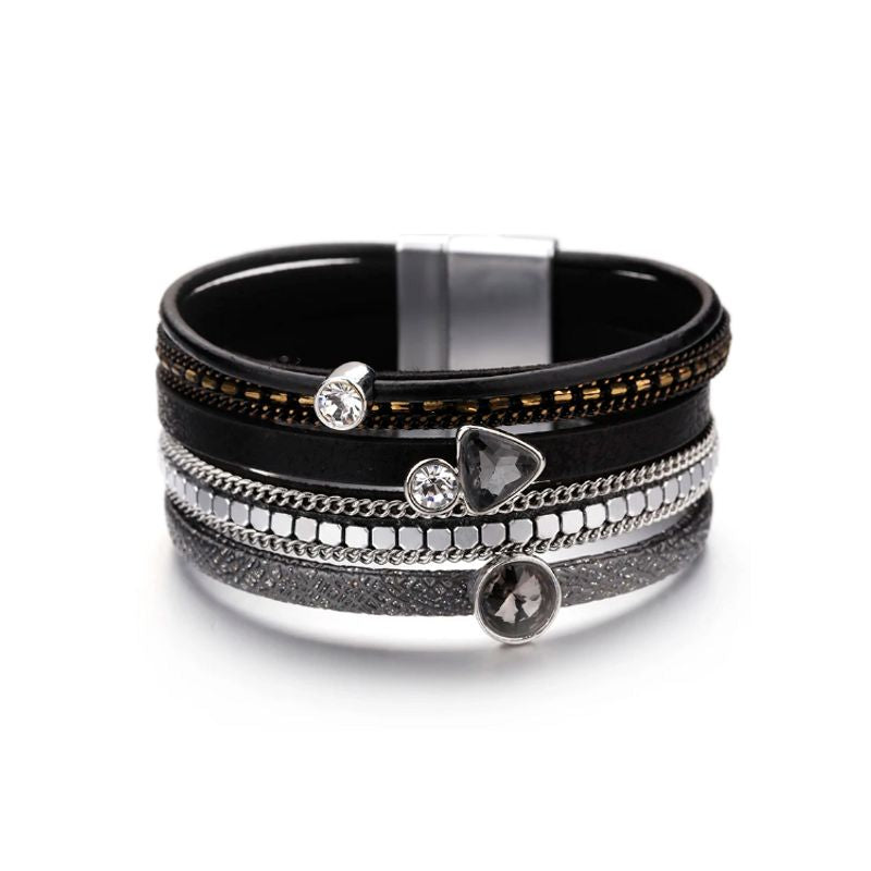 Bracelet bohème cristal strass, wrap en cuir pour femme avec fermoir magnétique - coloris noir