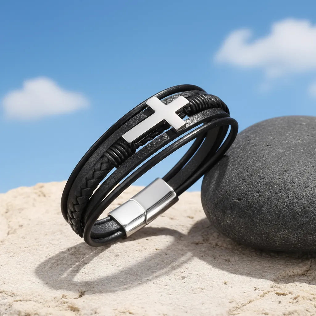 Bracelet multi-rangs incliné sur une pierre. La vue de profil du cuir et de la croix latine est sublimée par un ciel bleu.