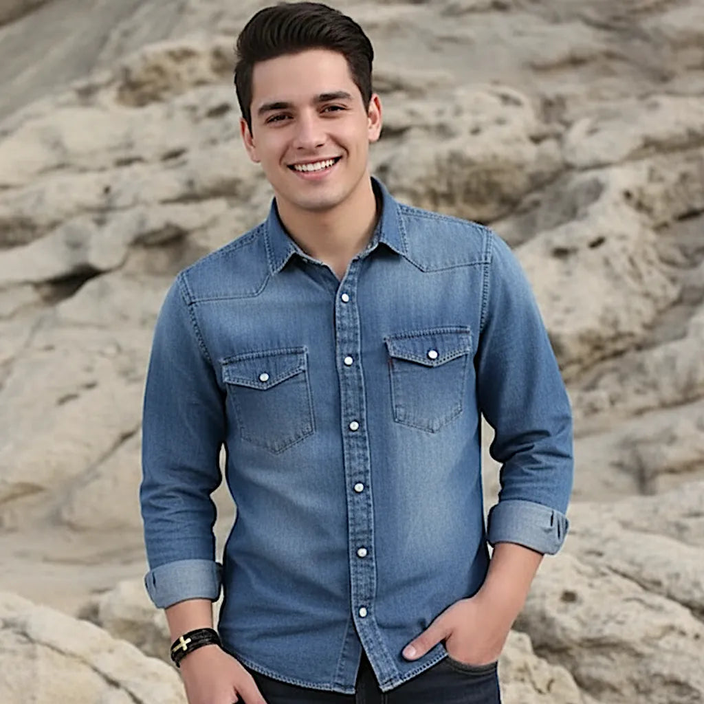 Jeune homme souriant de face, main dans la poche, portant son bracelet en cuir noir et croix latine sur fond rocheux.
