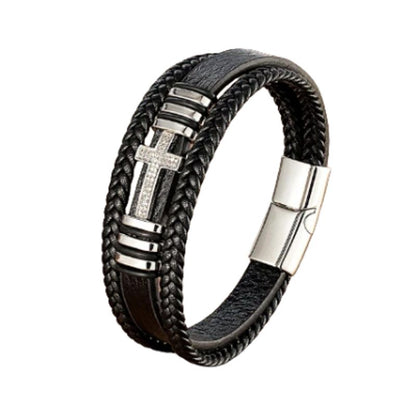 Bracelet Croix Latine zircone en cuir avec fermoir magnétique en acier inoxydable coloris argent