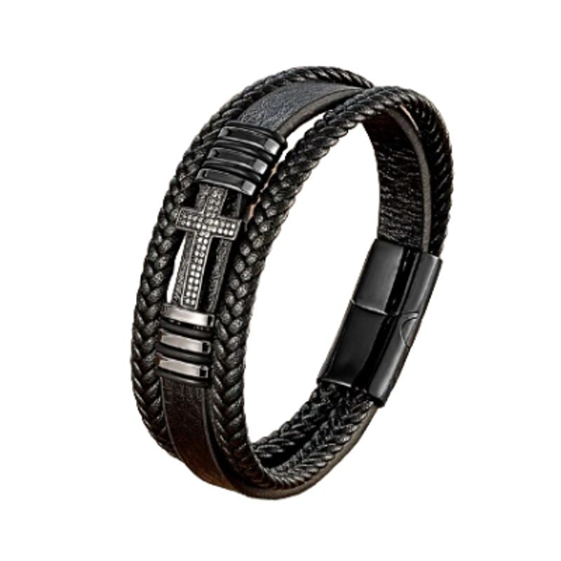 Bracelet Croix Latine zircone en cuir avec fermoir magnétique en acier inoxydable coloris noir
