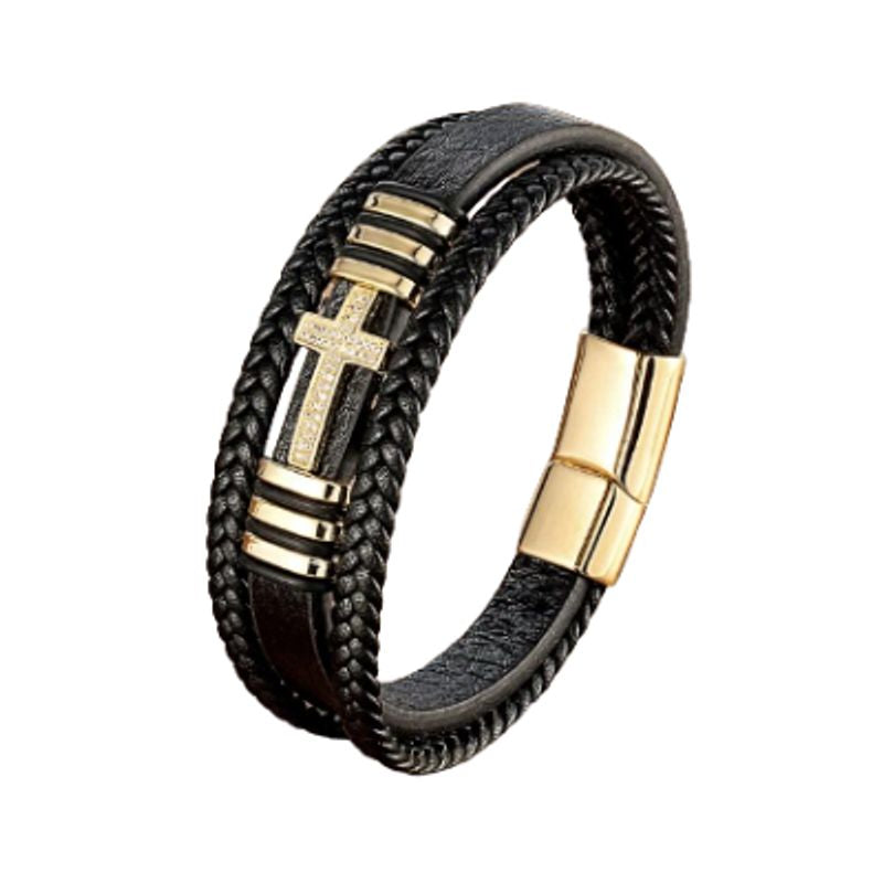Bracelet cuir avec croix zircone, élégance et confort hypoallergénique –  AKROCHIC