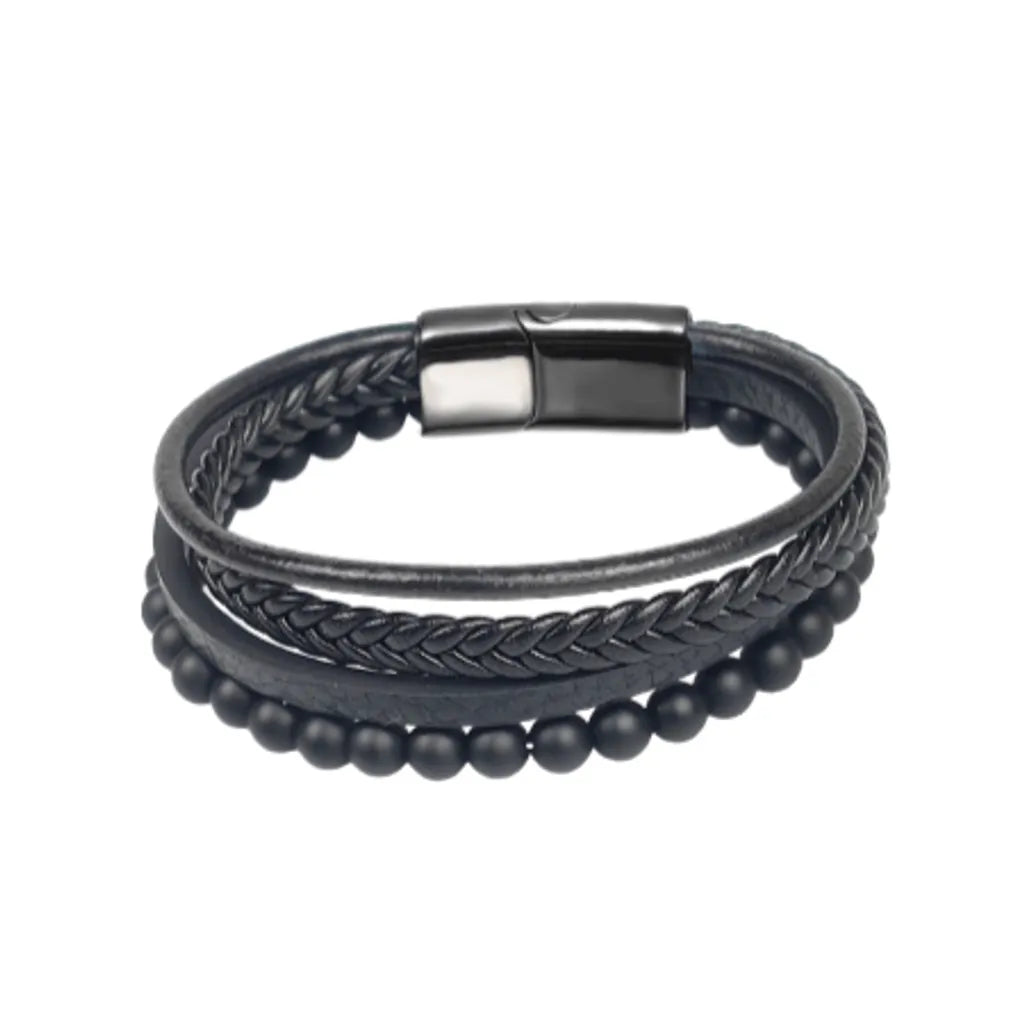 Bracelet Cuir noir avec Perles d'Agate Noire pour Homme