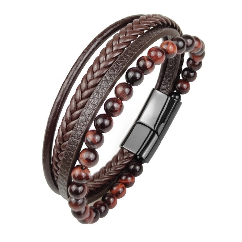 Bracelet multilanière en cuir marron pour homme avec perles œil de tigre rouge – fermoir magnétique en acier noir.