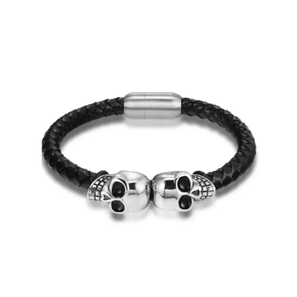 Bracelet en cuir noir pour homme avec crânes double têtes de mort en acier inoxydable – coloris argent