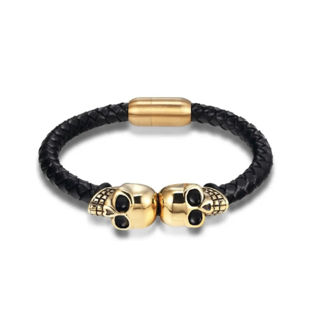 Bracelet en cuir noir pour homme avec crânes double têtes de mort en acier inoxydable – coloris or