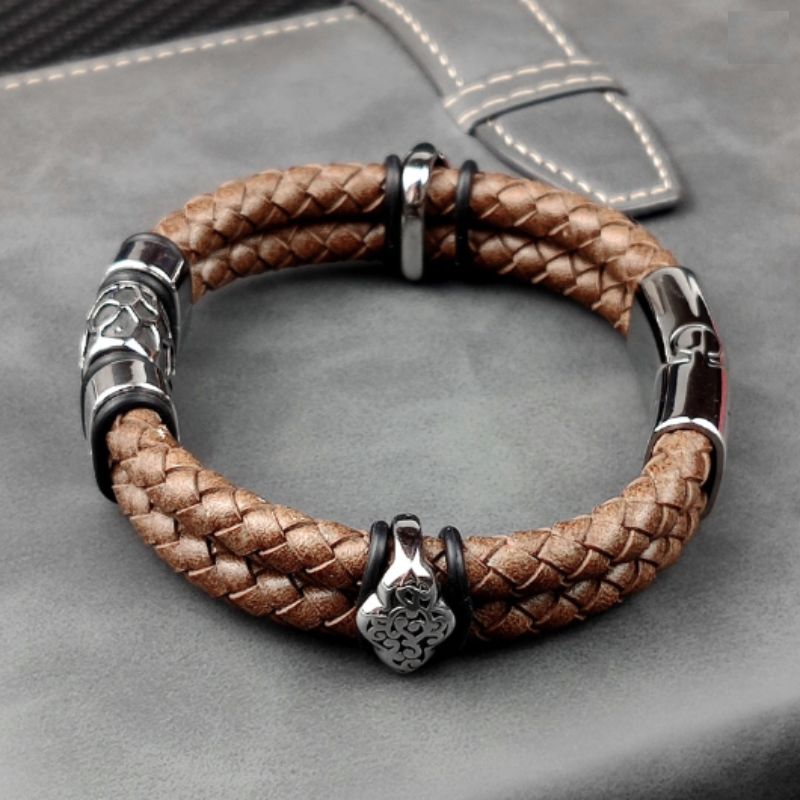 Bracelet cuir marron, caramel pour homme avec terre aride - fermoir magnétique en acier inoxydable