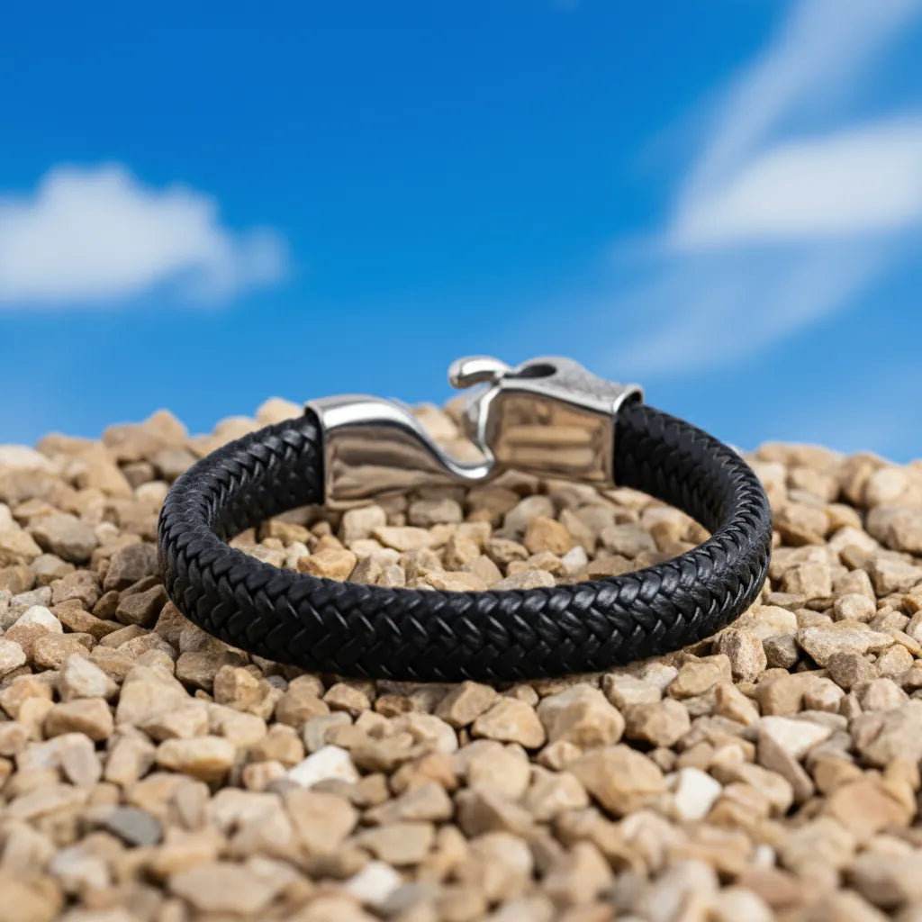 Bracelet Serpent Ouroboros en cuir texturé, vue arrière, le fermoir en acier est posé à plat.