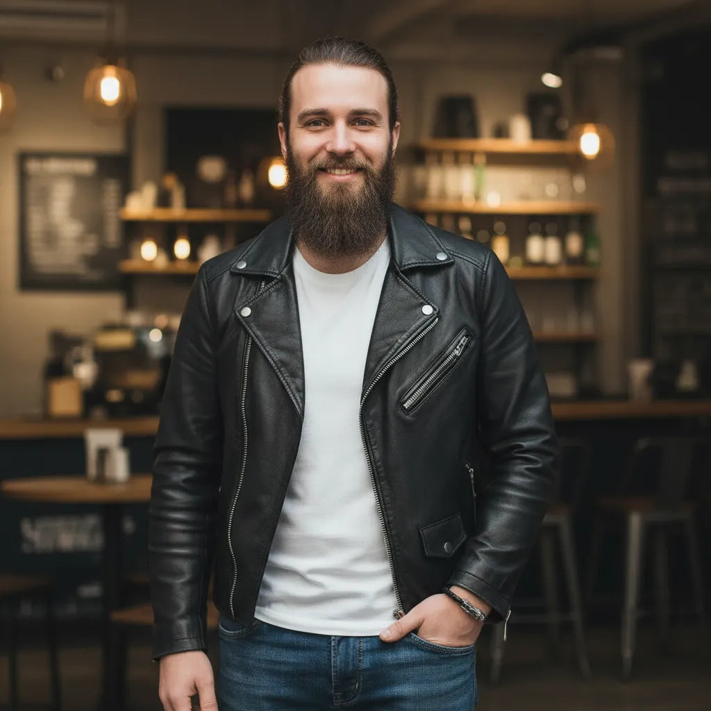 Plan poitrine d'un homme souriant debout dans un bar. On distingue la largeur du cuir noir et du dragon argenté de son bracelet sur son poignet.