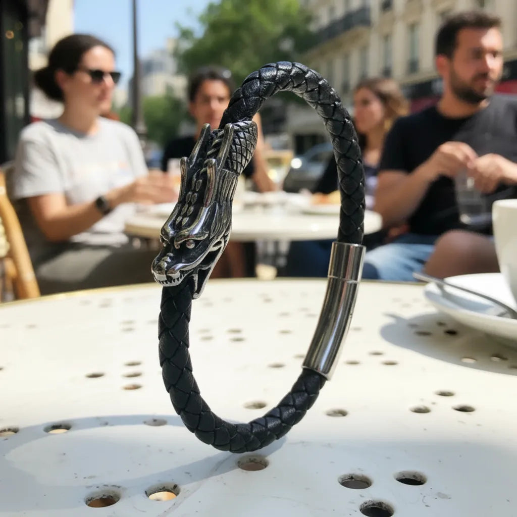 Bracelet Dragon Ouroboros en cuir tressé noir, dressé en équilibre. Vue 3/4 de profil des détails du dragon et du fermoir magnétique.