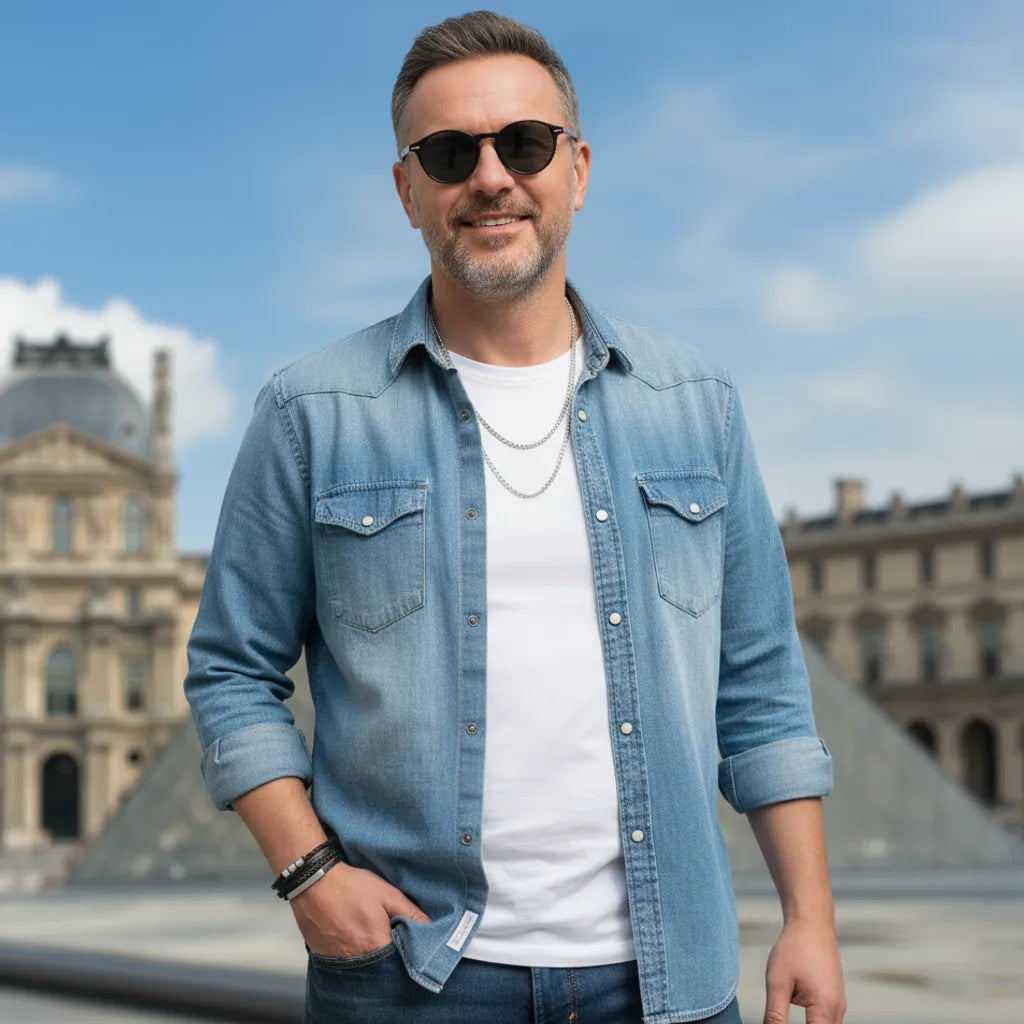 Silhouette urbaine. Le bracelet Equinox cuir noir texturé souligne un style décontracté chic, l'équilibre parfait entre modernité et confort.