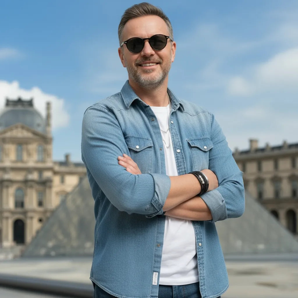 Posture affirmée. Le bracelet Equinox cuir noir multi-rangs à la géométrie distinctive, met en valeur le poignet d'un homme serein, face à la Pyramide.