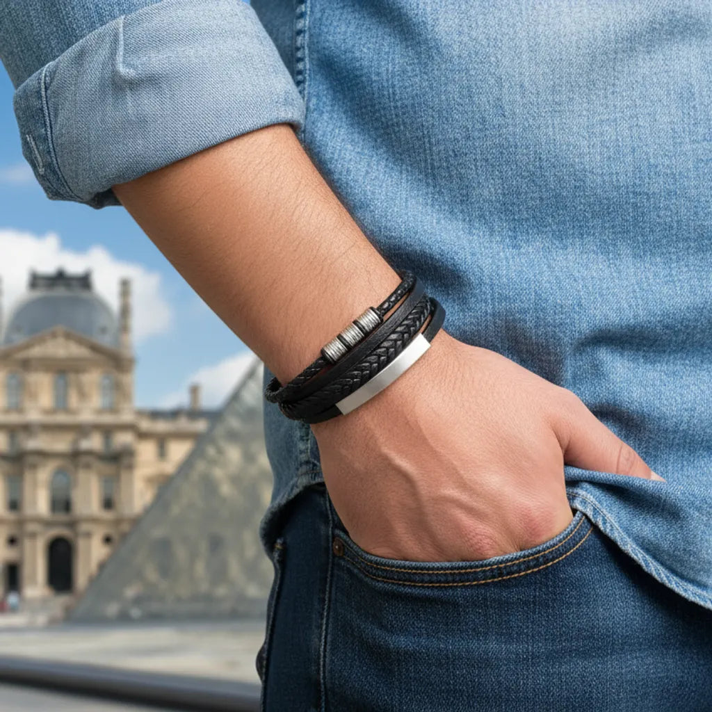 Gros plan. Le bracelet Equinox cuir noir multi-rangs au poignet d'un homme. Ses formes géométriques résonnent avec l'architecture du Louvre en arrière-plan.