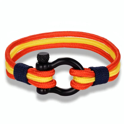 Bracelet Espagne cordon nylon multi-rangs rouge jaune fermoir manille acier noir vis modèle Navarch.