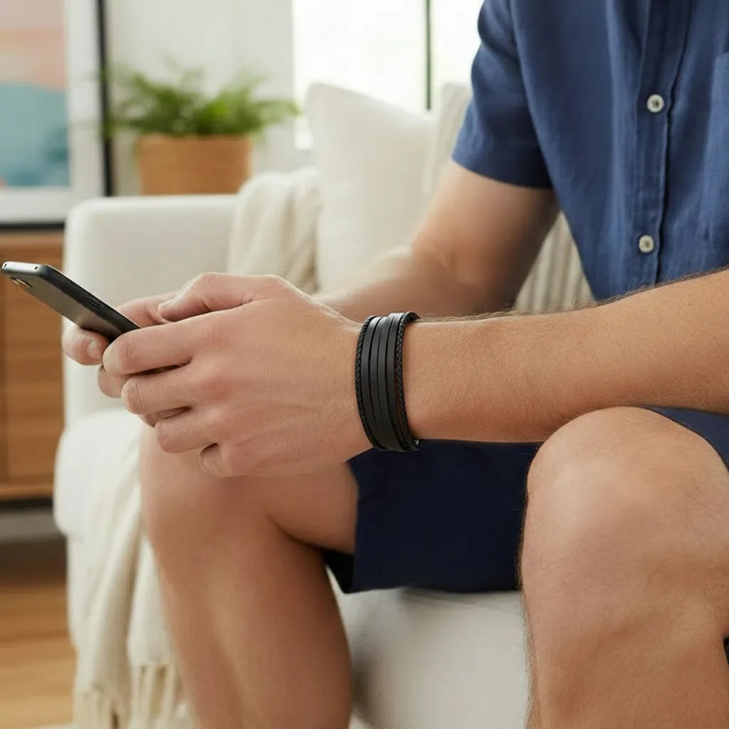 Très gros plan. Le bracelet Fusion multi-rangs cuir souple noir porté. Le mélange de textures tressées et lisses s'intègre au style décontracté et connecté de l'homme.