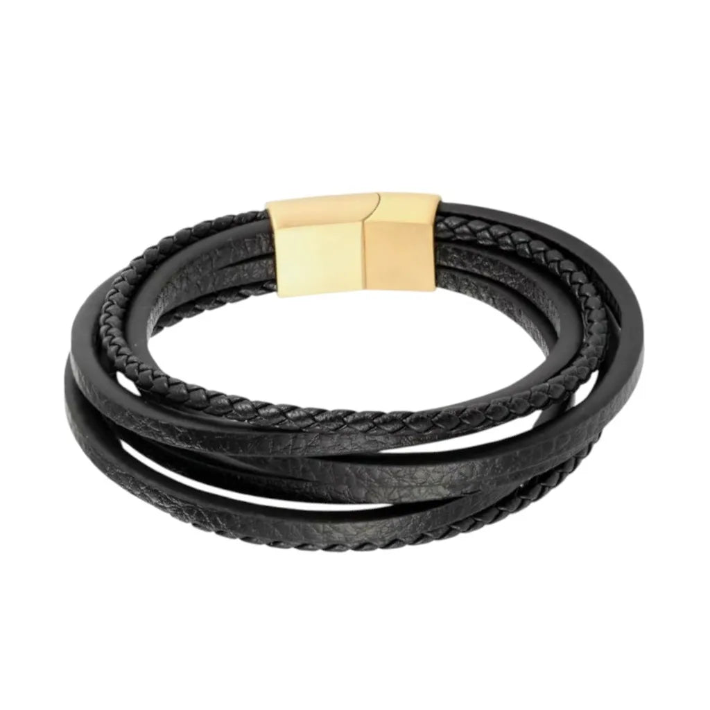 Vue produit premium. Le bracelet Fusion et ses six lanières qui s'entrelacent. Fermoir glissière magnétique doré, soulignant l'effet de richesse du cuir noir.