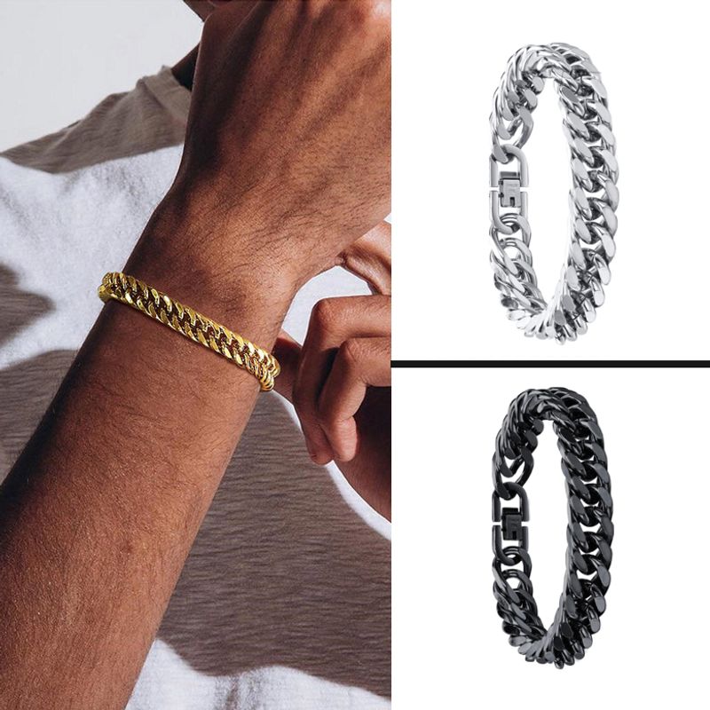 Vue sur trois prises du bracelet à maillons cubain de 12 millimètres en acier inoxydable - catégorie chaine gourmette - fermoir robuste sécurisé - couleur de l'acier, argent, or ou noir