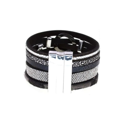 Bracelet Hibou multi-rangs en cuir microfibre, vue dos : fermoir magnétique argenté, bandes noires, strass et imprimé léopard discret.