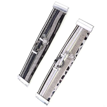 Bracelet Hibou multi-rangs en cuir microfibre, vue à plat : deux coloris noir et blanc, rondelle centrale métal, bande léopard fine.