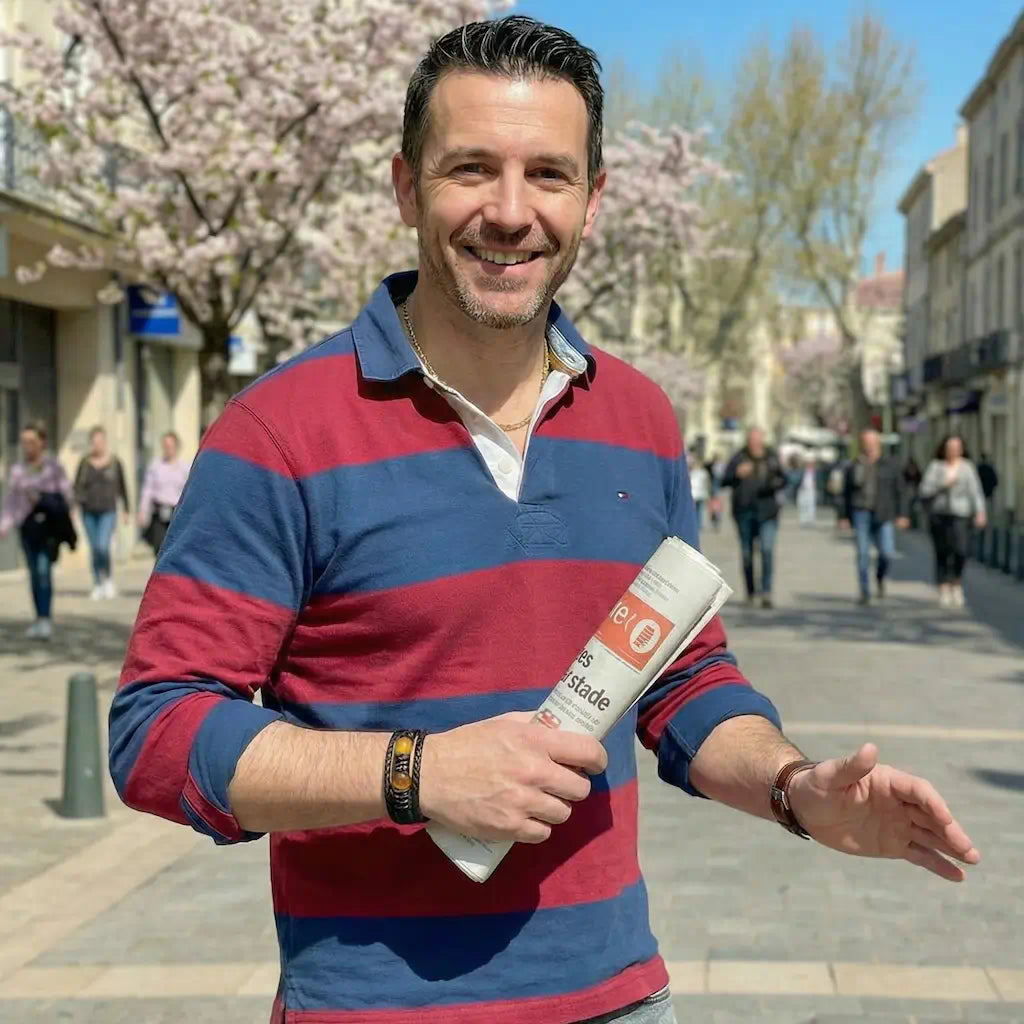 Plan poitrine mettant en valeur le bracelet Apex en cuir texturé au poignet d'un homme souriant, illustrant l'accord parfait entre cet accessoire de caractère et une tenue masculine décontractée et soignée.