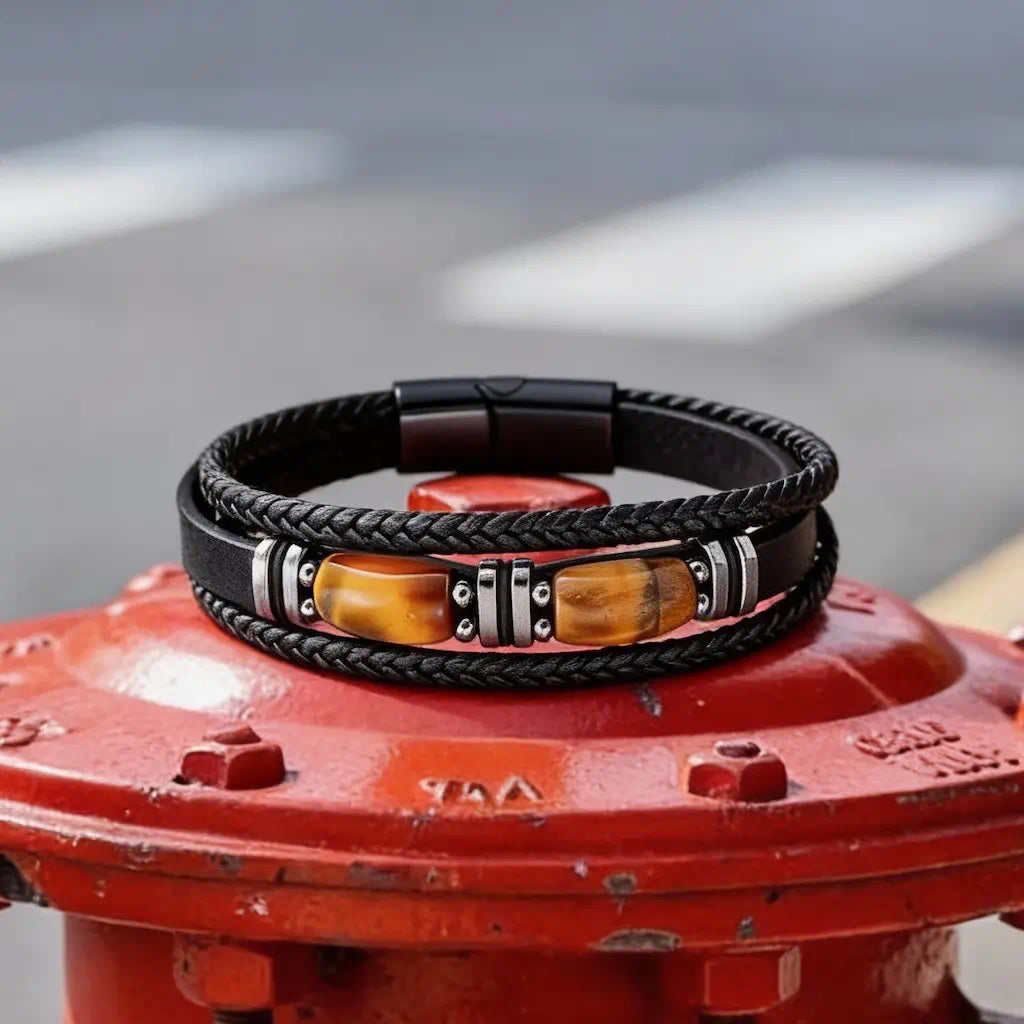 Composition horizontale du bracelet multi-rangs Apex posé sur une surface métallique rouge, où la bande de cuir centrale et ses gemmes d'œil de tigre contrastent avec la texture brute de l'acier urbain.