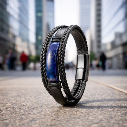 Le Bracelet Astra s'érige avec audace sur le bitume parisien, révélant ses lanières noires tressées et son joyau de lapis-lazuli sous la lumière zénithale d'un ciel urbain infini.