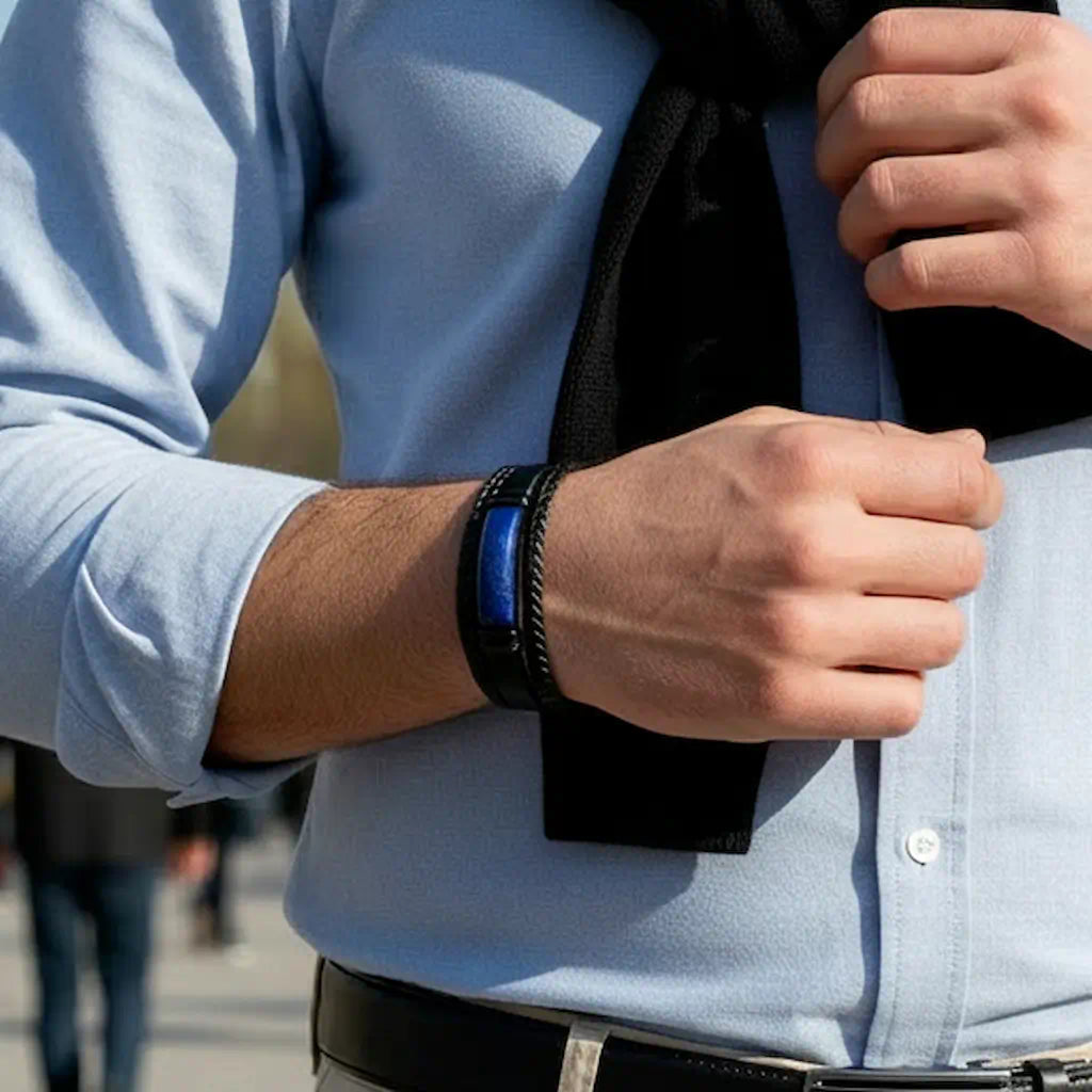 Le Bracelet Astra s'épanouit au poignet d'un homme en chemise bleu ciel, révélant la fusion du cuir noir tressé et de la pierre lapis-lazuli dans un mouvement fluide, capturé lors d'une déambulation stylée dans une allée parisienne.