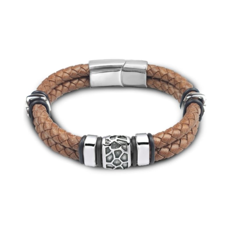 Bracelet en cuir pour homme avec charms terre aride et fermoir magnétique en acier inoxydable - coloris caramel