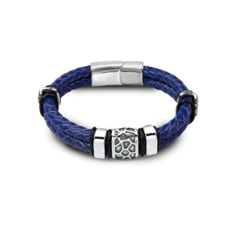 Bracelet en cuir pour homme avec charms terre aride et fermoir magnétique en acier inoxydable - coloris bleu