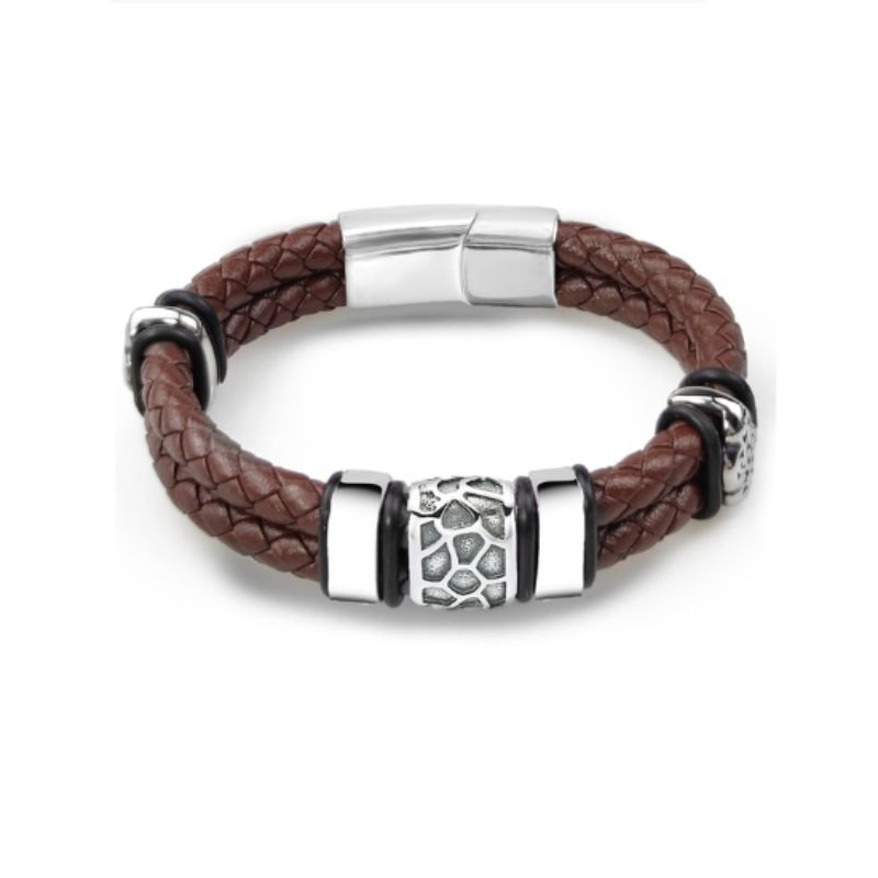 Bracelet en cuir pour homme avec charms terre aride et fermoir magnétique en acier inoxydable - coloris marron