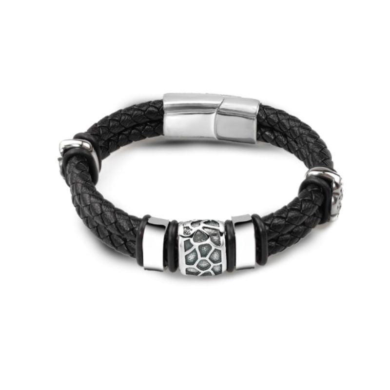 Bracelet en cuir pour homme avec charms terre aride et fermoir magnétique en acier inoxydable - coloris noir