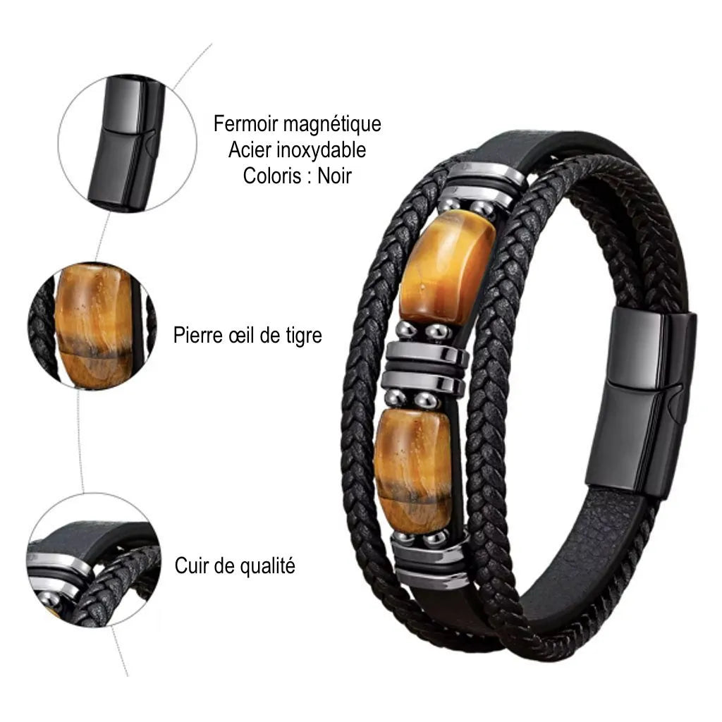 Bracelet pour homme en cuir noir véritable avec deux pierres œil de tigre et fermoir magnétique en acier inoxydable noir. Détail de la pierre naturelle et du cuir de qualité, offrant un style élégant et robuste.