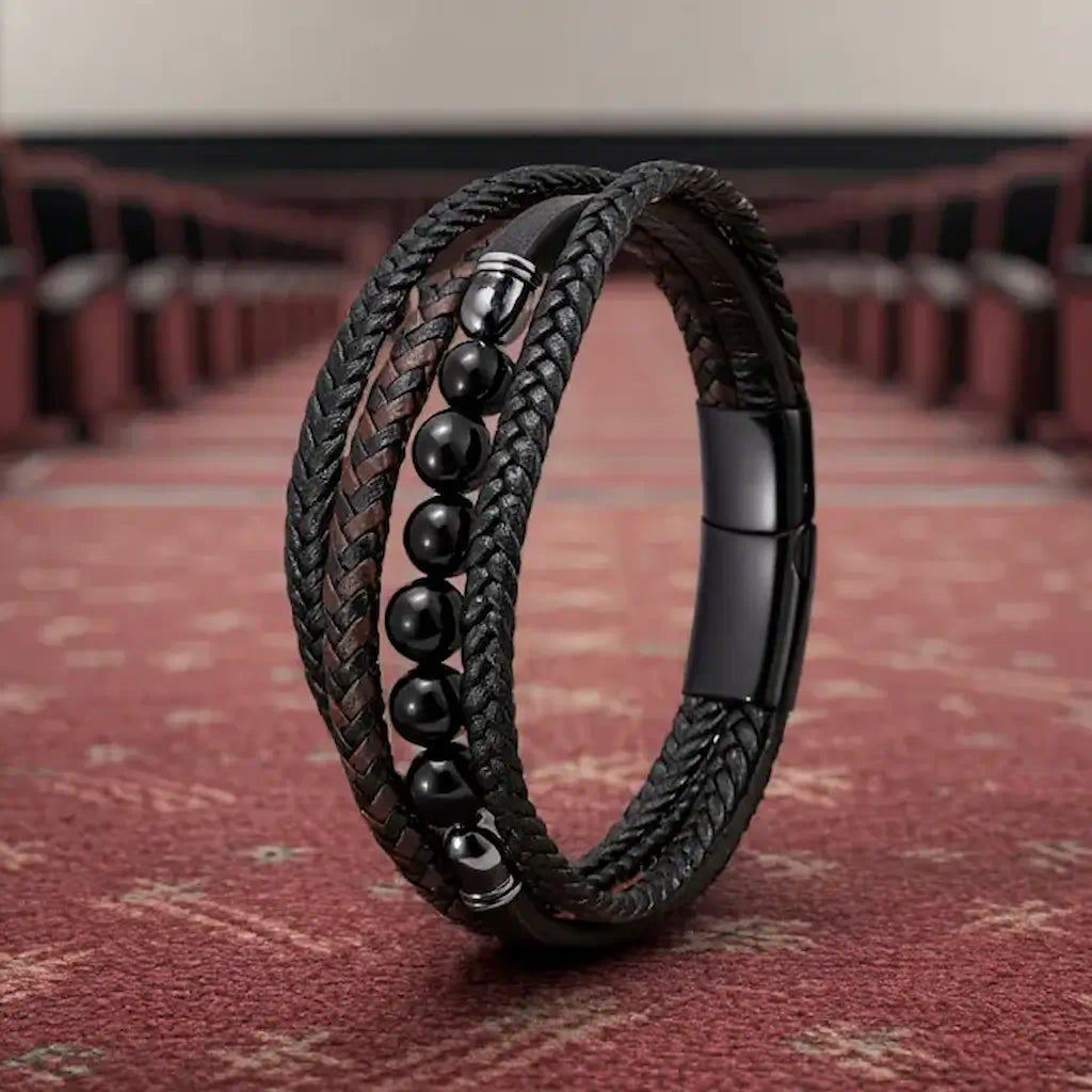Bracelet Oris dressé en équilibre sur une moquette de cinéma feutrée. Le profil révèle la structure multi-rangs en cuir noir et le relief des perles agate noire sous la lumière tamisée de l'écran.