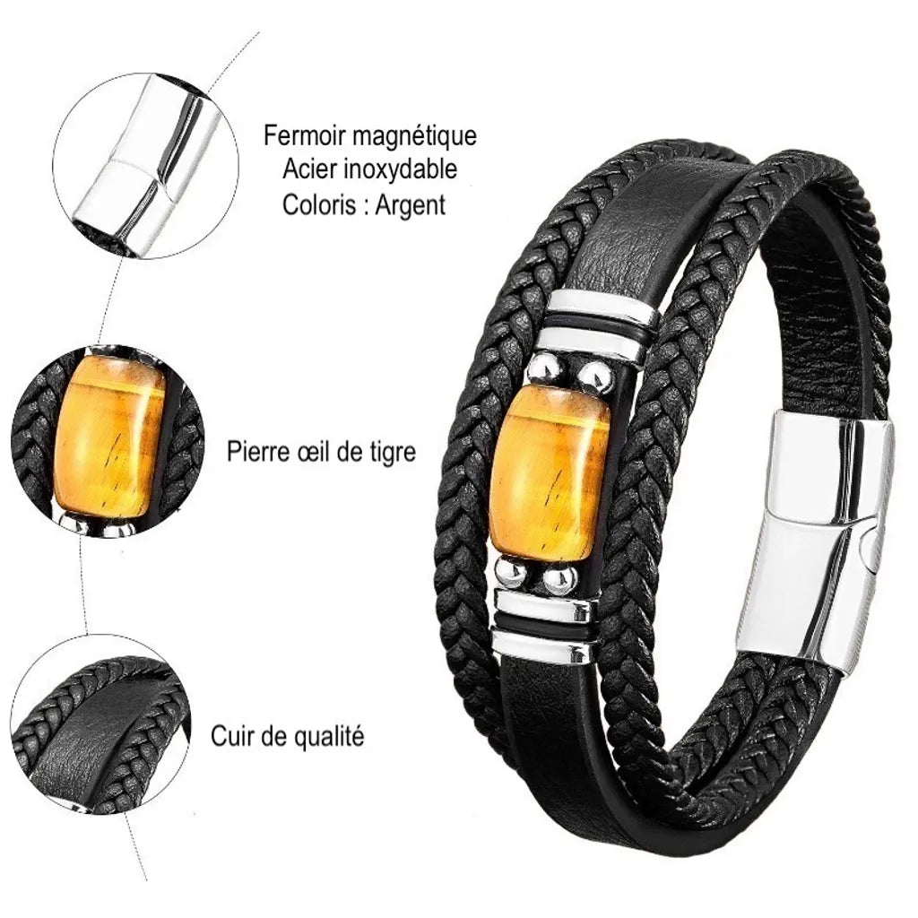 Bracelet pour homme en cuir avec pierre œil de tigre et fermoir magnétique en acier inoxydable argenté. Détail de la pierre et du cuir de qualité, offrant un style élégant et robuste.