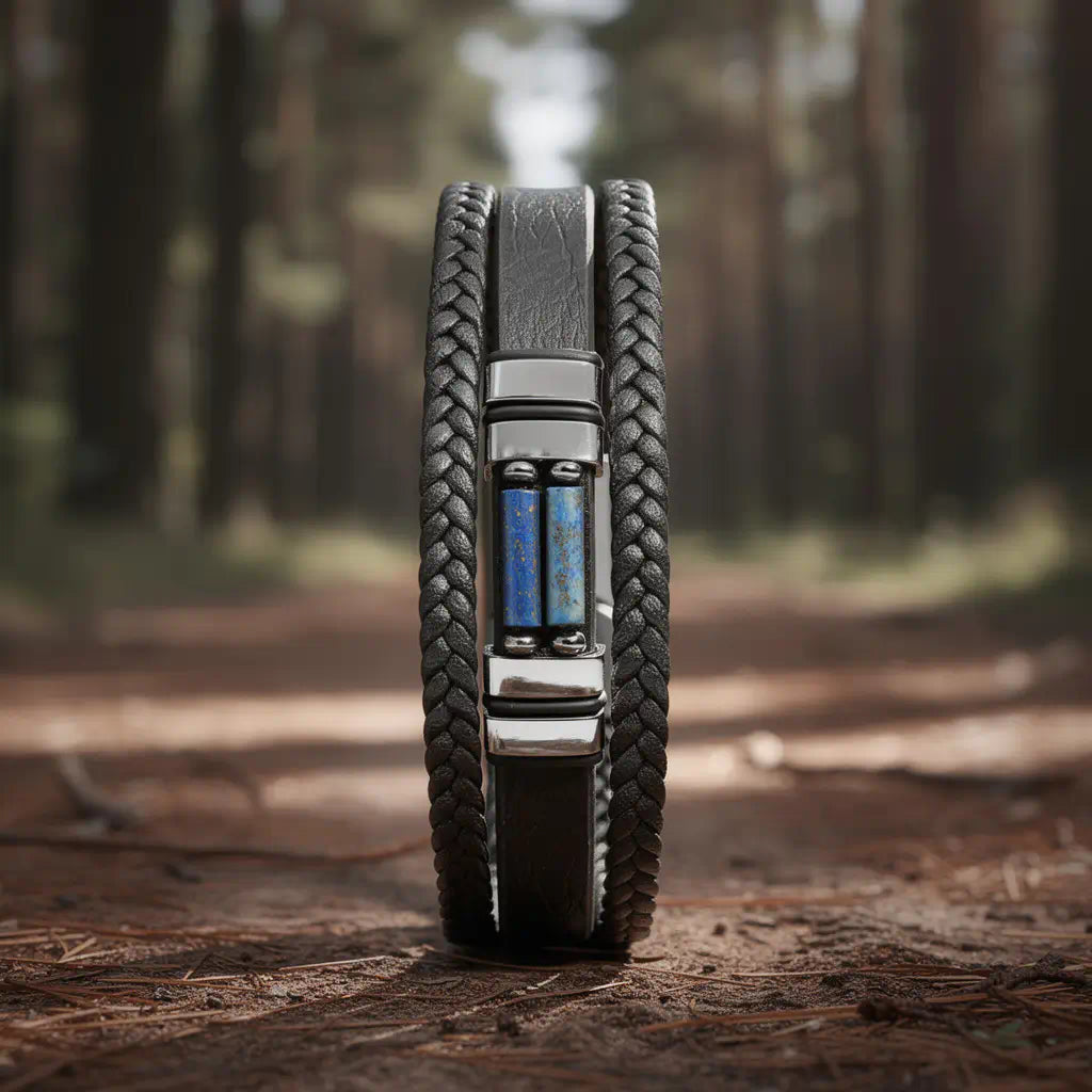 Vue de profil du bracelet Azimut en équilibre sur la lisière du cuir, soulignant la précision du fermoir magnétique noir et la répétition rythmée des lanières tressées dans un décor sylvestre.