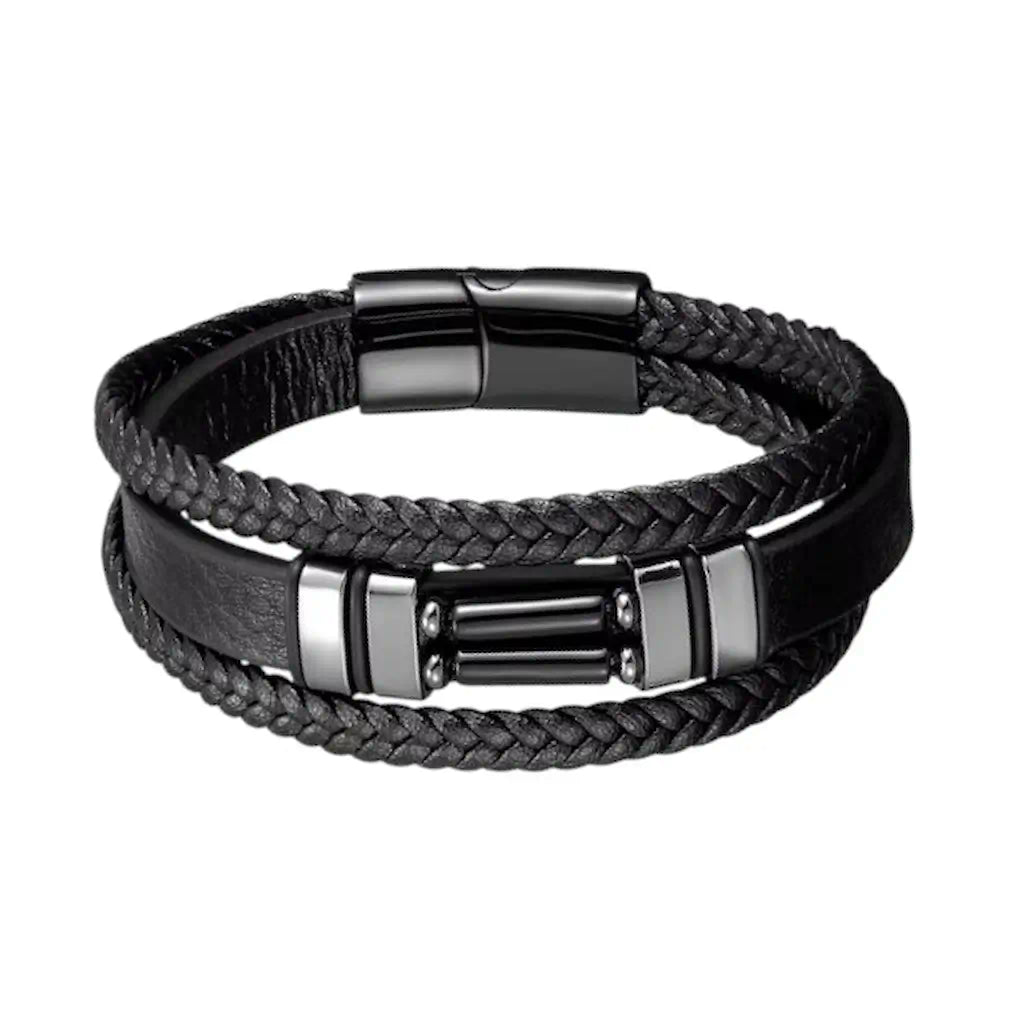 Un plan frontal majestueux du bracelet Éclipse révélant la complexité de ses tressages en cuir noir et l'éclat profond des agates polies enchâssées dans l'acier inoxydable sur un fond blanc épuré.