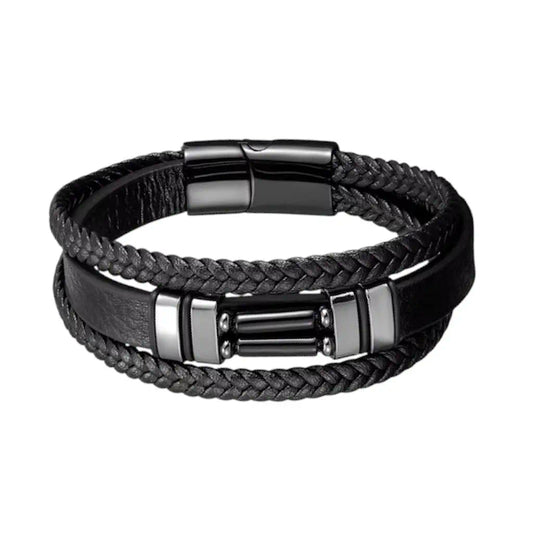 Un plan frontal majestueux du bracelet Éclipse révélant la complexité de ses tressages en cuir noir et l'éclat profond des agates polies enchâssées dans l'acier inoxydable sur un fond blanc épuré.