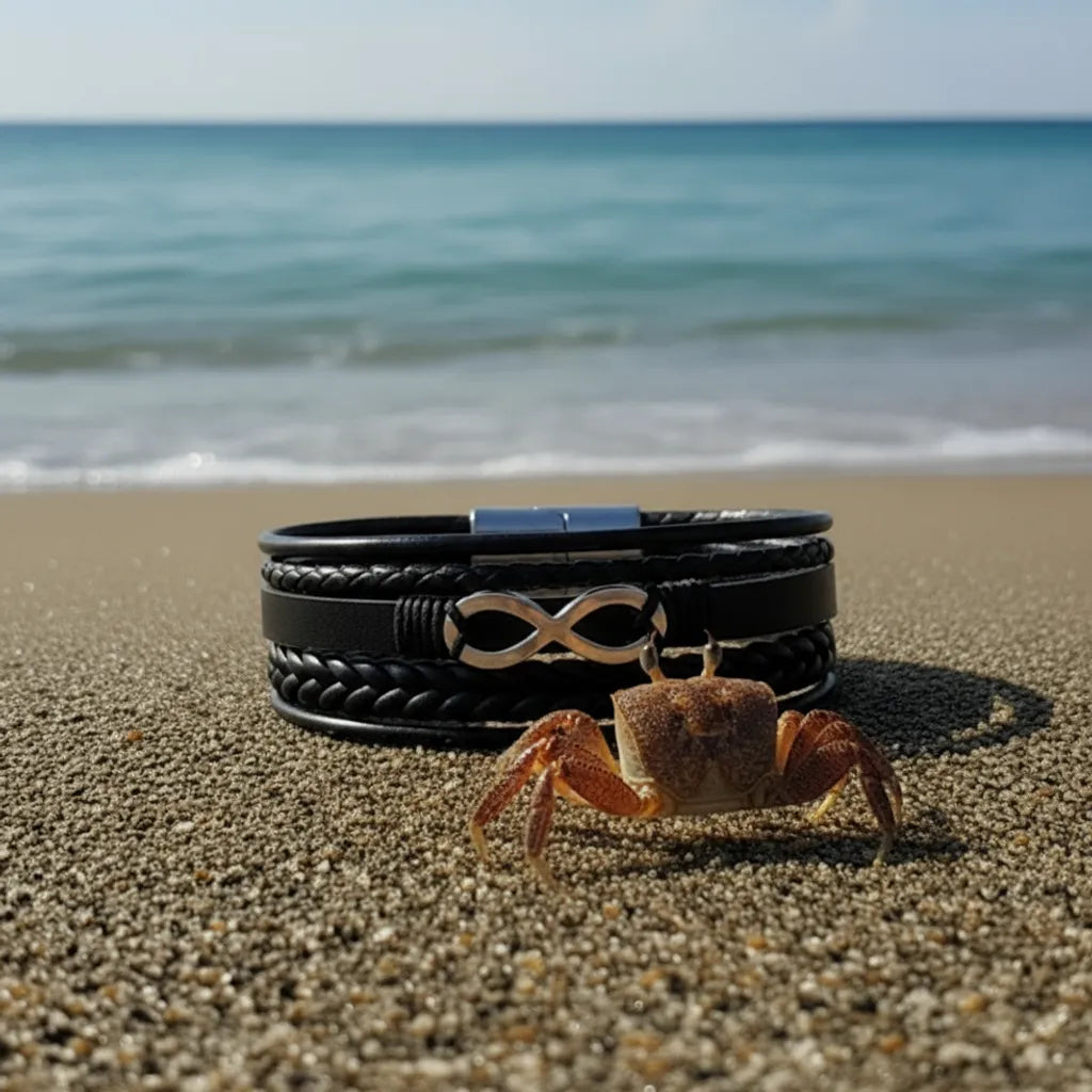 Plan large du bracelet infini multi-rangs près d'un crabe sur le sable. La texture du cuir se distingue nettement de la nature environnante (mer et ciel bleu).