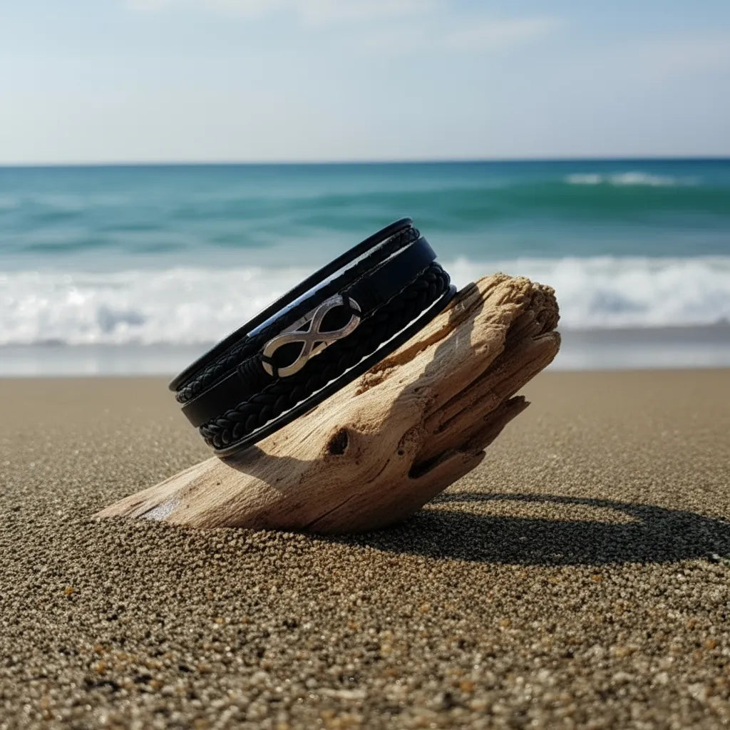 Le bracelet Infini incliné sur un morceau de bois flotté. La souplesse du cuir multi-rangs est mise en valeur par les détails du signe Infini.