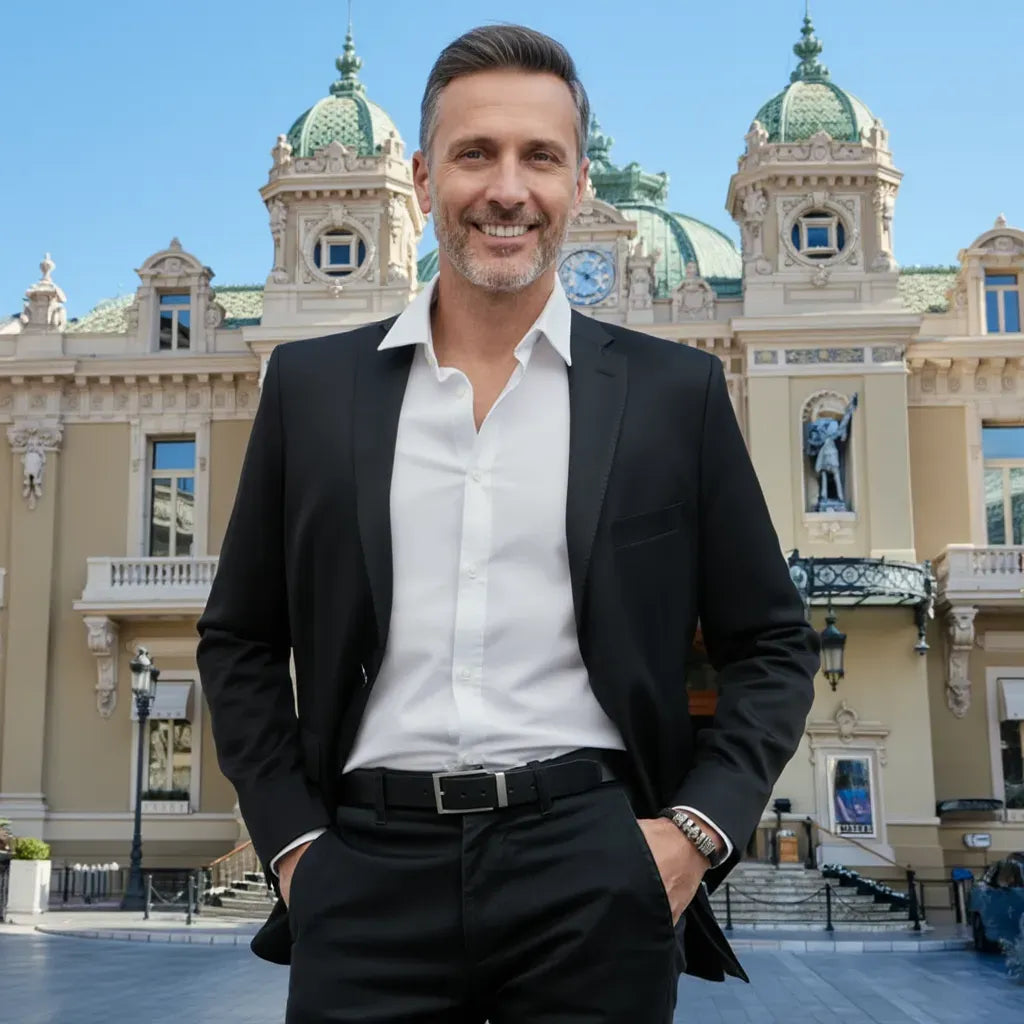 Plan poitrine. L'homme en costume noir souriant arbore fièrement le bracelet Kaldor à lanière noire souple et tressée. L'audace du pique et tête de Mort se fond dans l'architecture de Monaco.