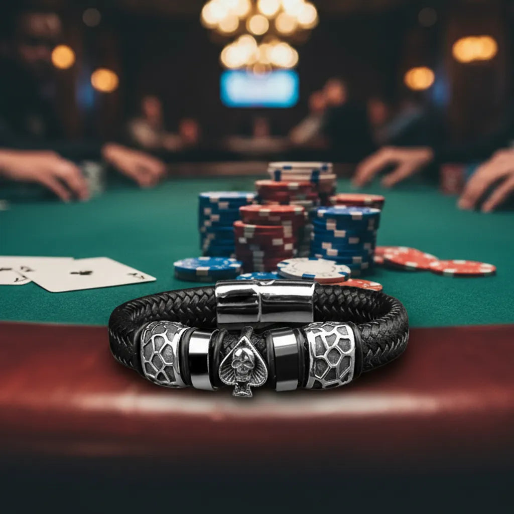 Vue de face, lumière tamisée. Le bracelet Kaldor à plat sur le rebord en bois. Le double motif Pique et Tête de Mort et le maillage du risque sous les projecteurs.