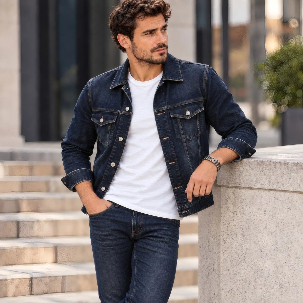 Homme portant le bracelet Kardan en acier rétro au poignet avec une veste en jean décontractée