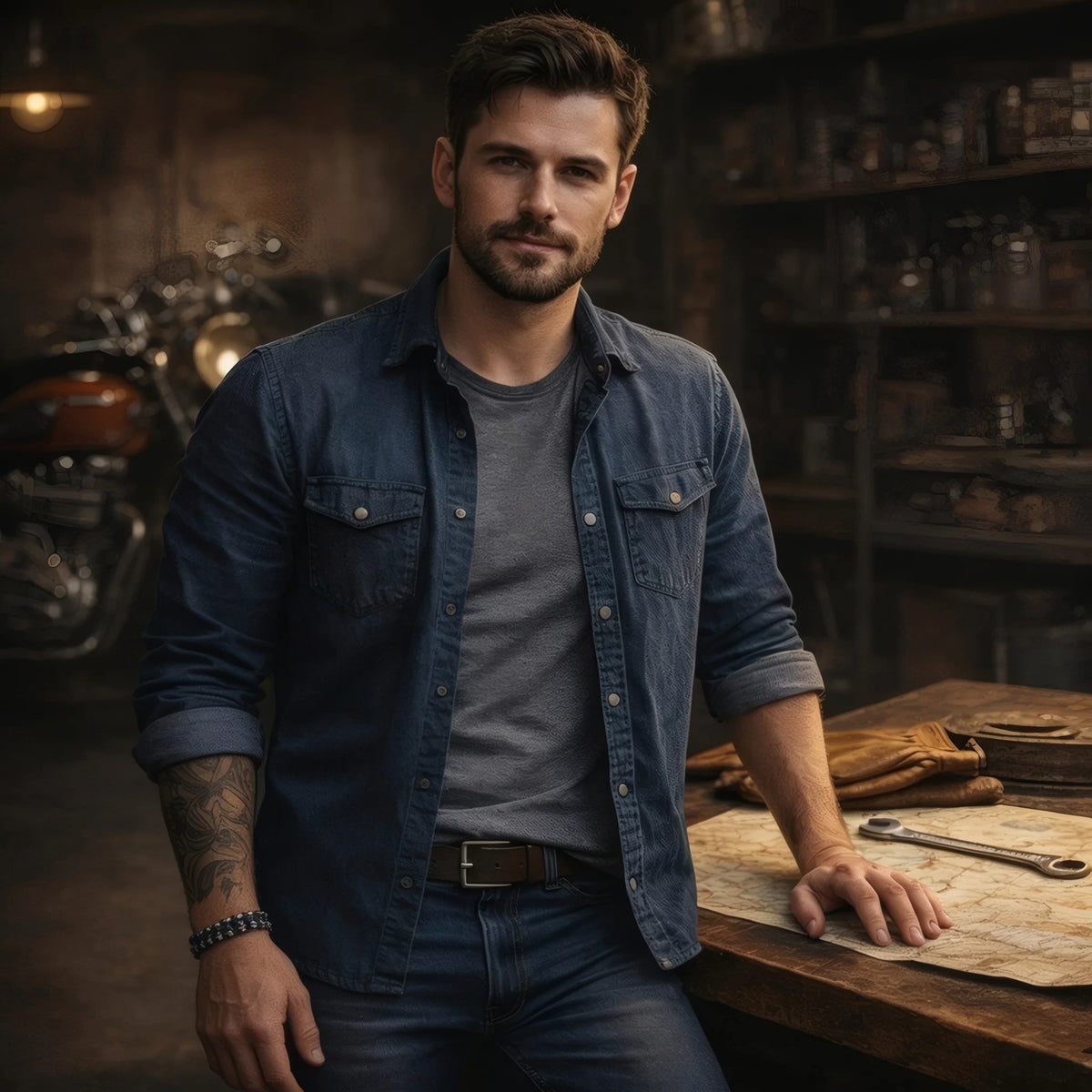 Homme en atelier portant le bracelet Kross en acier brossé, une main posée sur une carte.