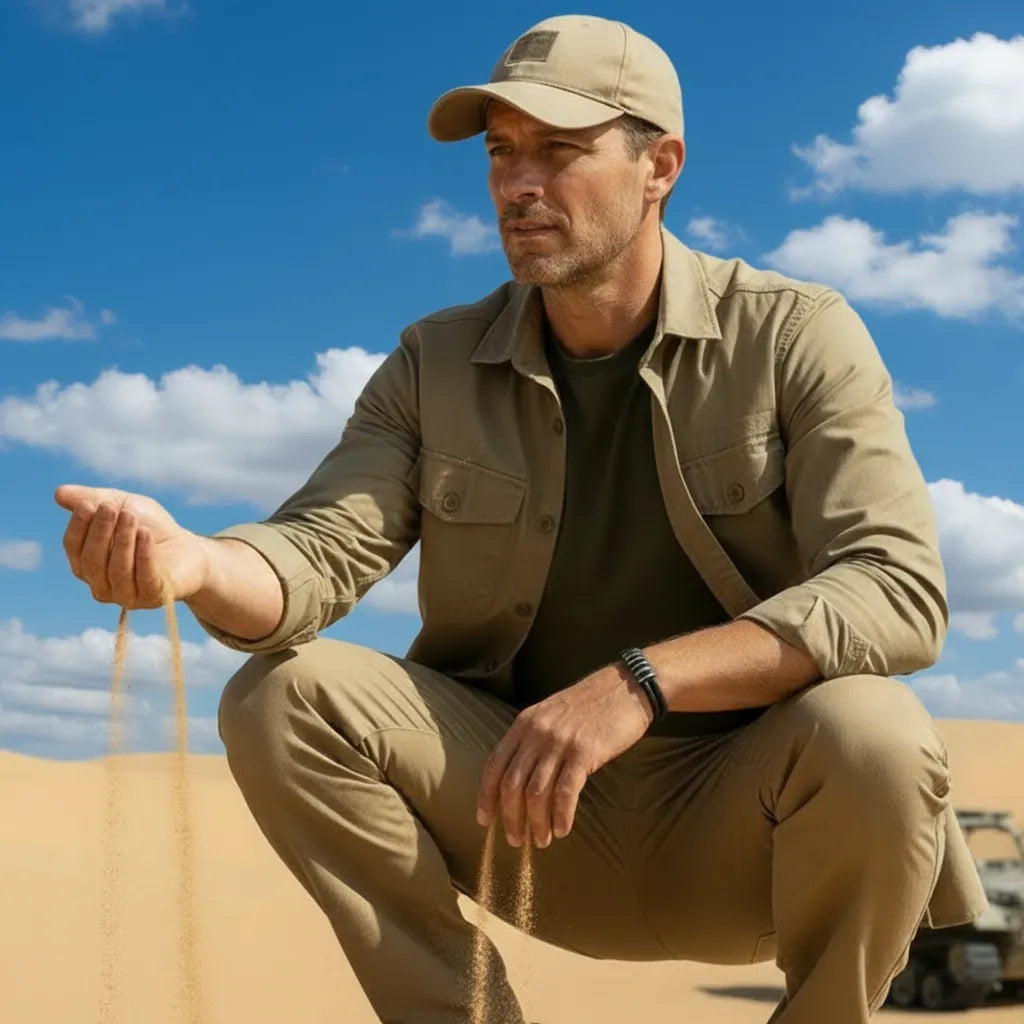 Scène de contact. Le bracelet Link est exposé au poignet de l'homme manipulant le sable. La double lanière tressée et ses segments modulaires évoquent la solidité sur le terrain.