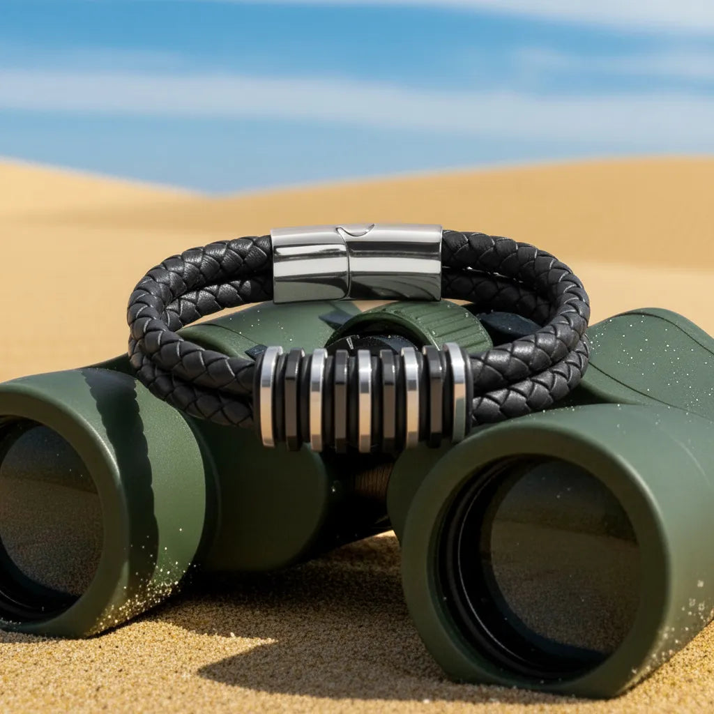 Détail de l'équipement. Vue de face du bracelet Link cuir noir tressé posé sur les jumelles. Le fermoir magnétique en acier inoxydable complète le design modulaire.